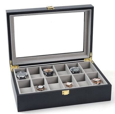 6 slot Watch Box for Men-Luxury Watch Case, Real Glass Top, Smooth Faux  Leather