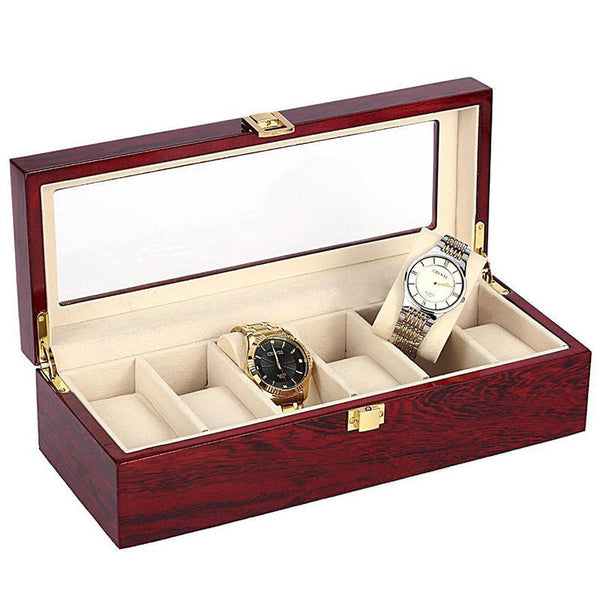 RED -WOOD- WATCH -BOX -6 -WATCHES - Watchbox- Store