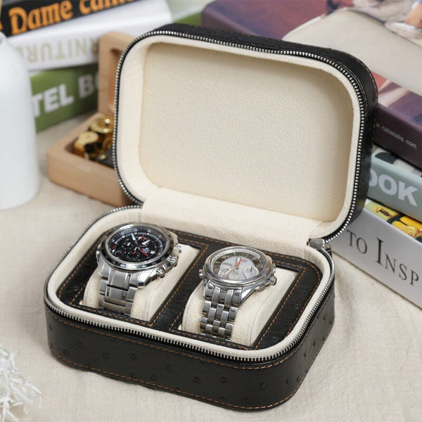 LEATHER BOX WITH OSTRICH MOTIF 2 WATCHES