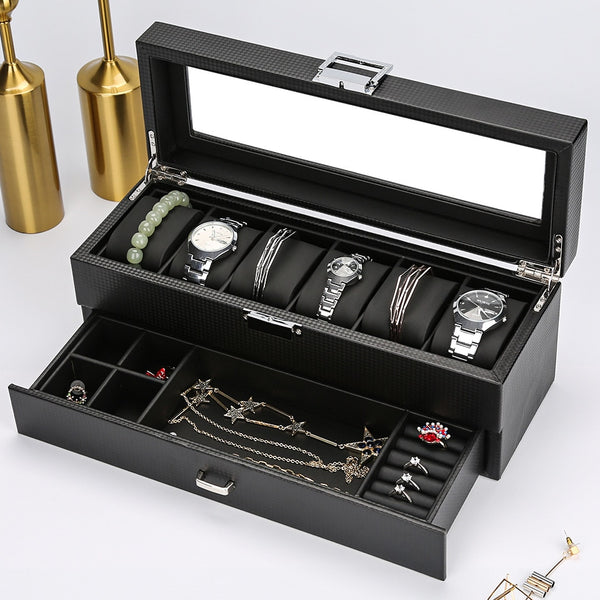 Luxury- Watch -Box -Carbon- Fiber -Case -Casket -Wooden -Display -Box- Watches -Organizer- Black -Watchbox -Store 