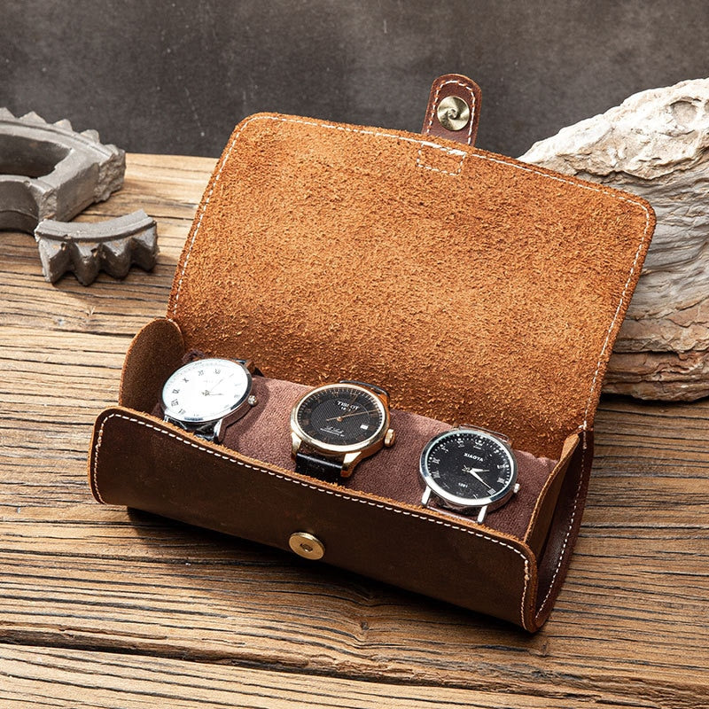 MEN -LEATHER -WATCH- CASE - 2 -OR -3 -COMPARTMENTS - WATCH -STORAGE ...